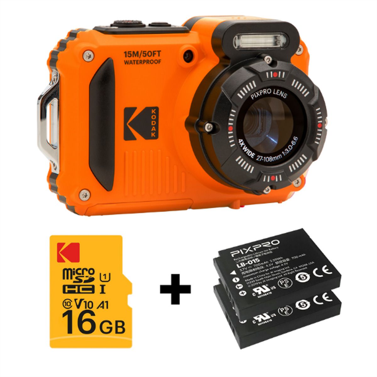 Appareil photo sous-marin Kodak WPZ2OG Bundle, inkl. 2ème batterie + carte SD micro 16Go