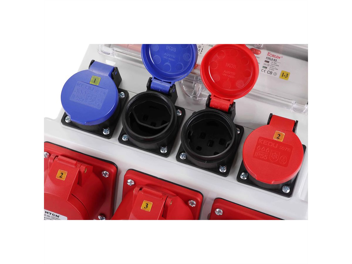 Stromverteiler 32A IP44/IP55 + FI Input , 1xCEE32/5 1xCEE16/5 2xT23 2xT25  , grau