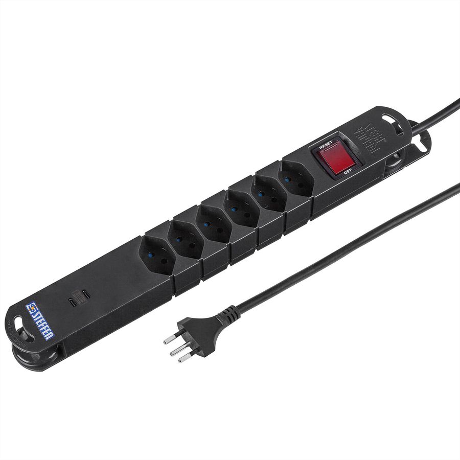Steffen Steckdosenleiste Variabl 6fach, 2xUSB-C,mit schalter,schwarz, 3m