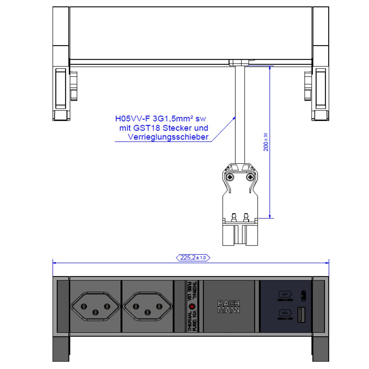 BACHMANN DESK2 2xCH 1xUSB A/C 22W, SUISSE