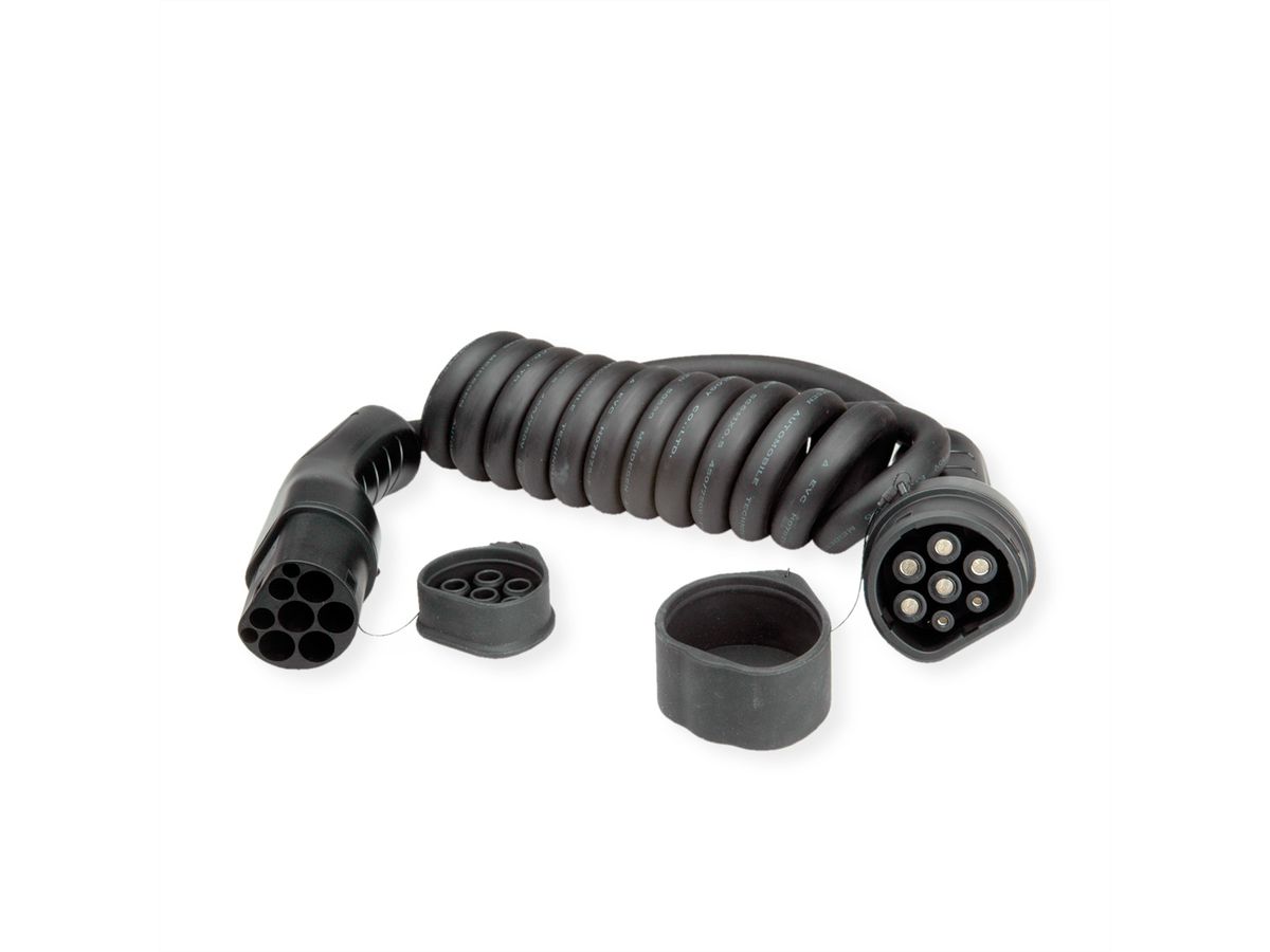 ROLINE E-Auto Ladekabel Typ2, 3-phasig, 480VAC (3P+N+E), 16 A, 11 kW, Spiralkabel (max. 3m)