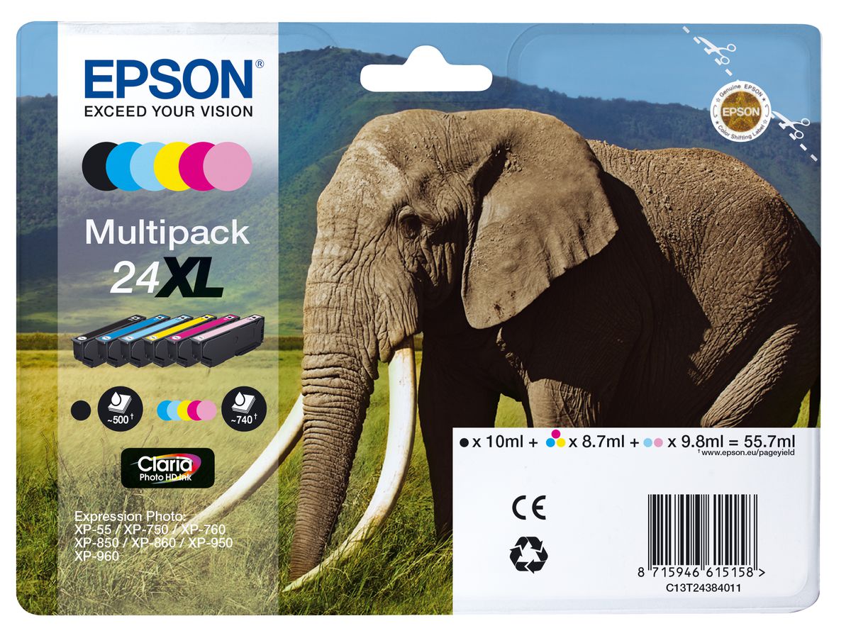 Epson Elephant Multipack 6-colours 24XL Claria Photo HD Ink