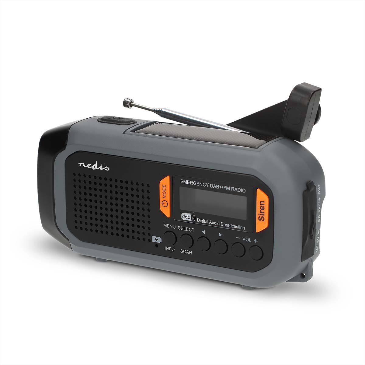 Radio d'urgence Nedis DAB FM avec manivelle, panneau solaire et batterie externe, Radio d'urgence portable pour les situations d'urgence, le camping et les activités de plein air