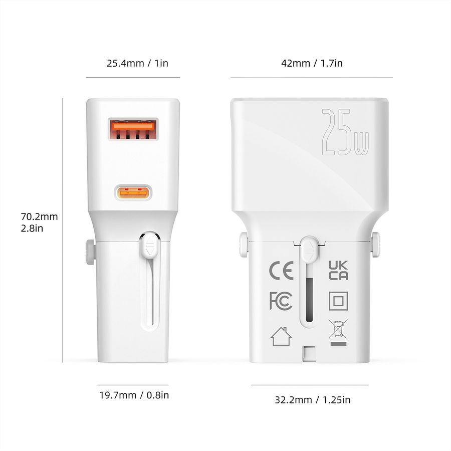 VALUE Chargeur de voyage USB avec prise UK/US/Euro, 2 ports, 1x QC3.0 A + 1x C (PD), 25W