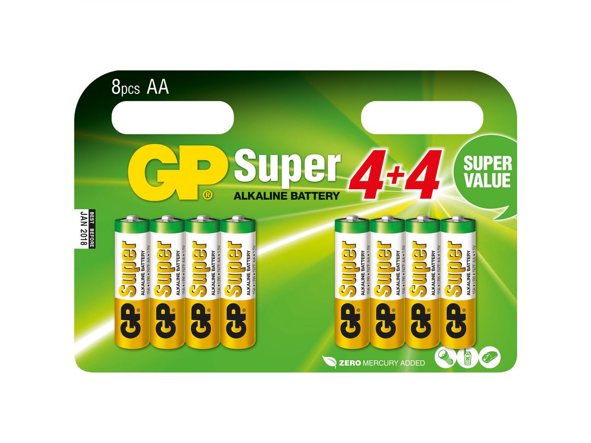 GP Batteries Super Alkaline LR06, 8x AA, Mignon Multipack