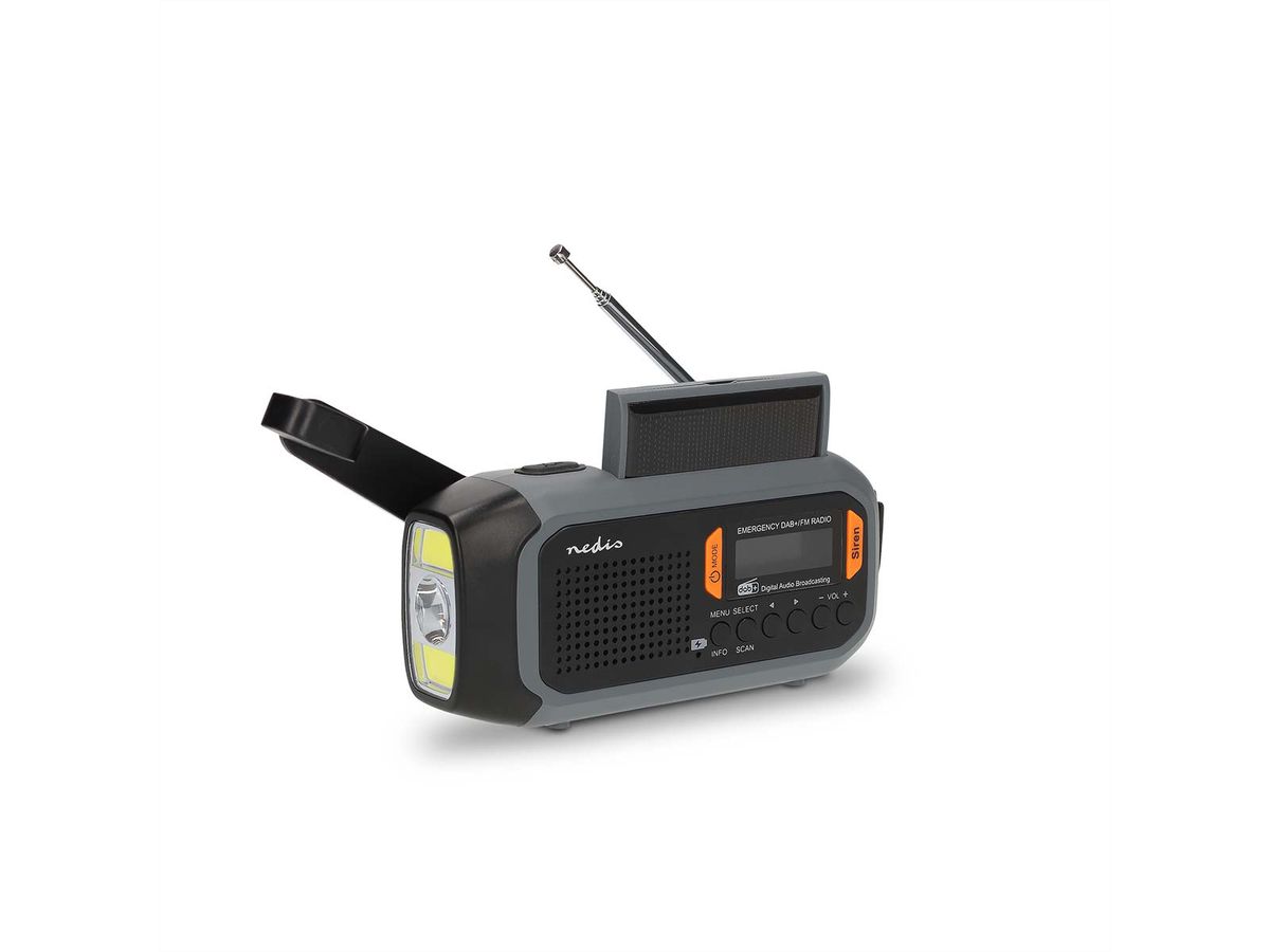 Nedis Notfallradio DAB FM mit Handkurbel Solarpanel und Powerbank, Tragbares Notfallradio fuer Notfaelle, Camping und Outdoor Anwendungen