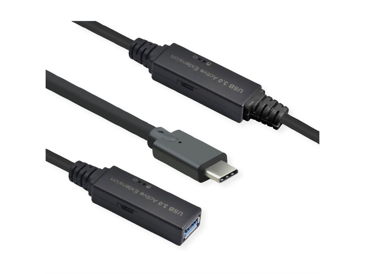 ROLINE USB 3.2 Gen 1 Aktives Repeater Kabel, Typ A - C, schwarz, 10 m