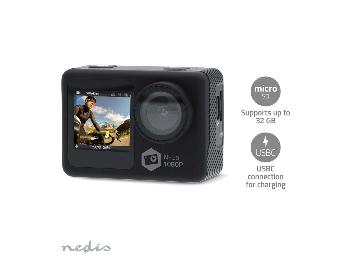 Nedis Action Cam 1080p, Dualscreen, 12Mp. 30fps, Wasserdicht bis 30m