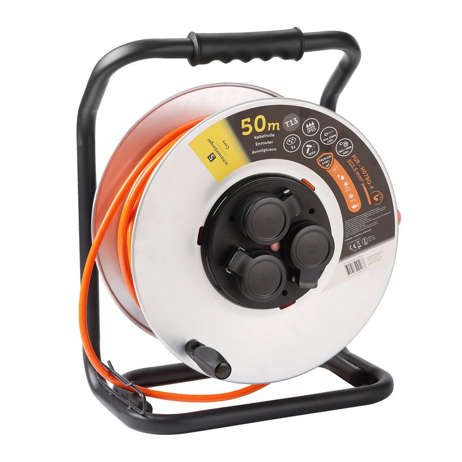 Kabelrolle Metall 3xT13, EPR-PUR H07BQ-F 3G1.5mm2,50m,IK09, orange
