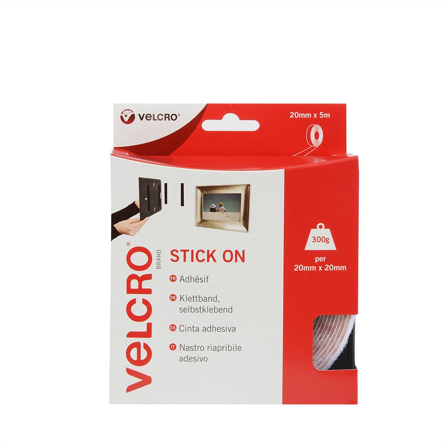 VELCRO® Bande 20mmx5m blanc, crochets & velours autocollants