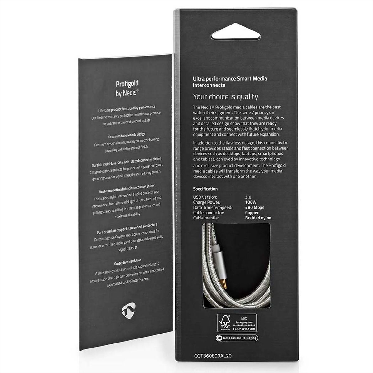 Nedis USB 2.0 Kabel, Typ C-C, ST/ST, 100W, silber, 2m