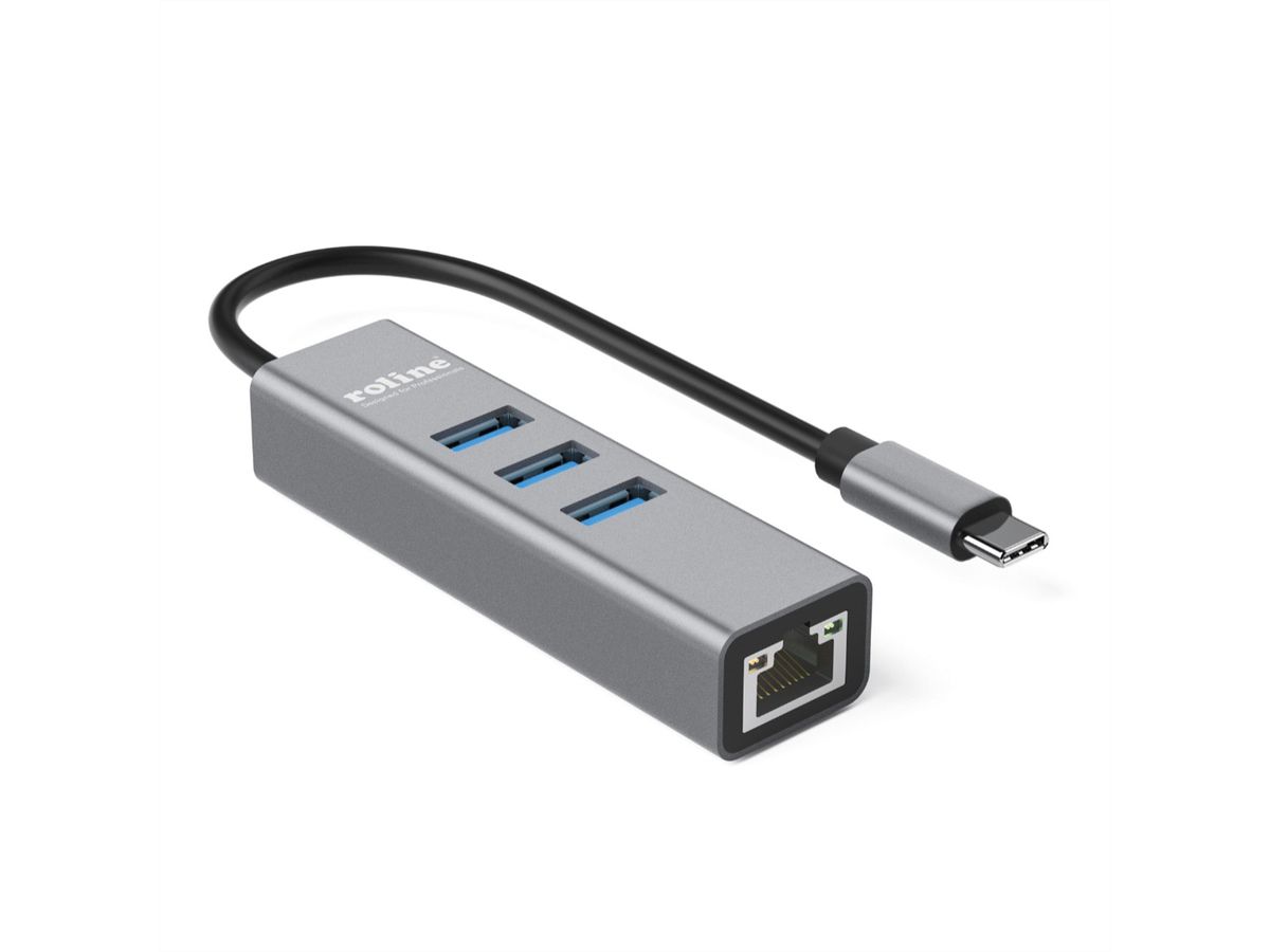 ROLINE Convertisseur USB 3.2 Gen 1 type C - Gigabit Ethernet + Hub 3x
