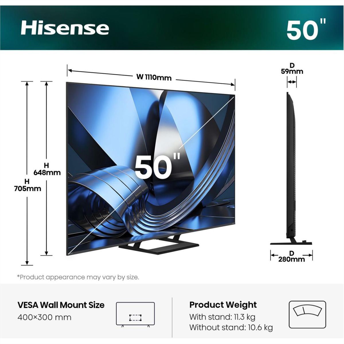 Hisense TV 50U7SE 50", Mini-LED 4K, 144Hz, 1300 Nits