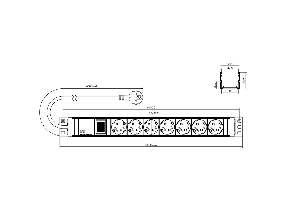 BACHMANN 19" 1,5UH 7xCEE7/3 1xcommutateur courant 2,0m CEE7/7