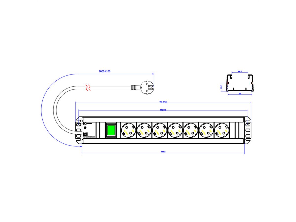 BACHMANN Multiprise 7x contact de protection, interrupteur, compatible rack 19 pouces, Fiche coudée, 2 m