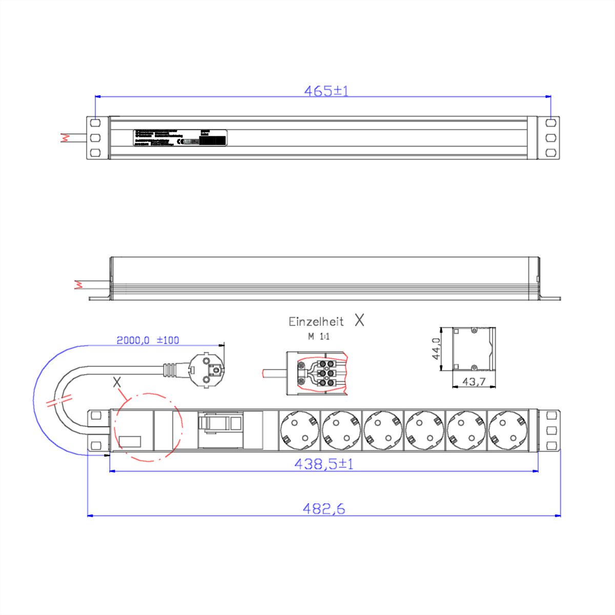 BACHMANN 19" 1U 6xCEE7/3 1xFI courant 2,0m CEE7/7