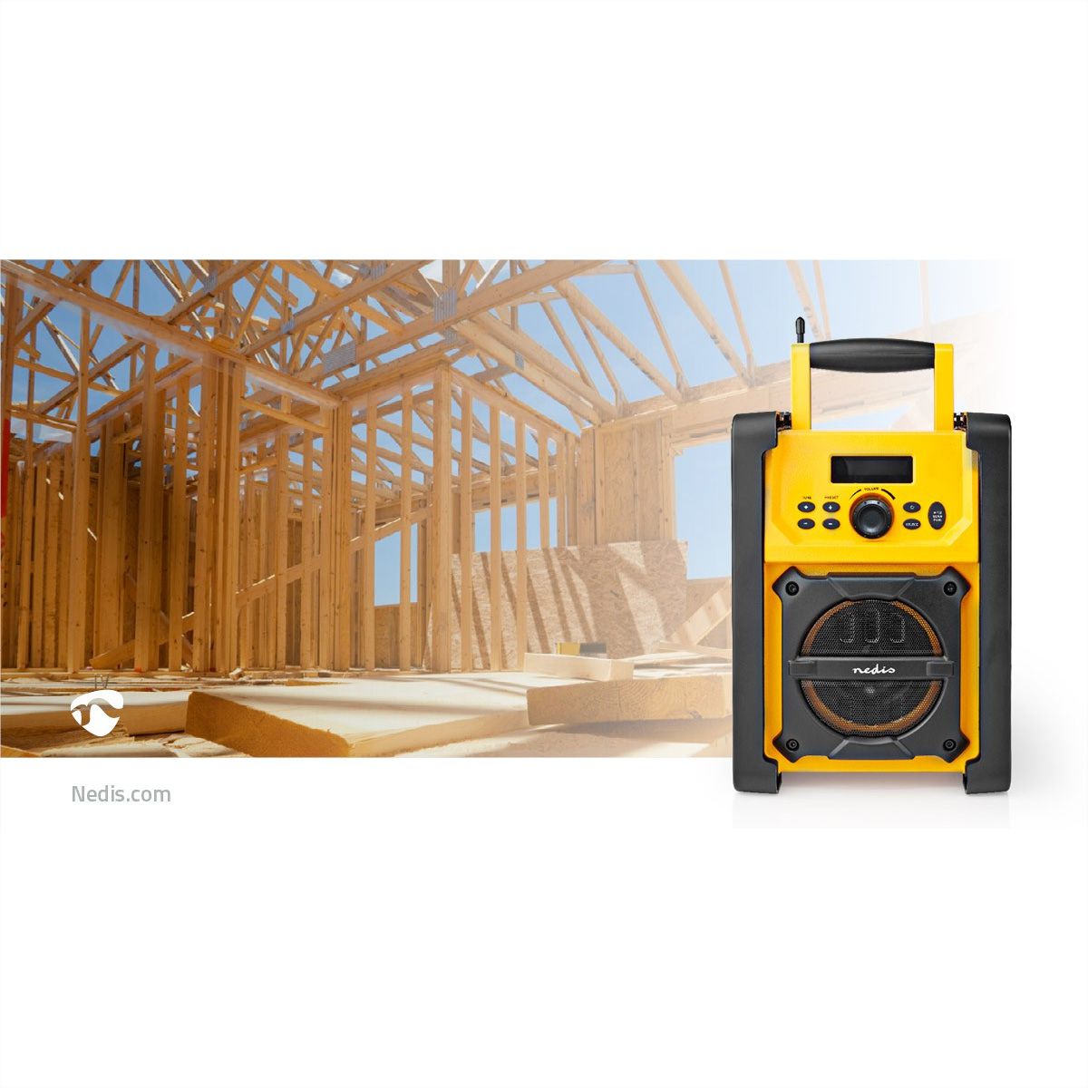Nedis Baustellenradio FM, Bluetooth, AUX, Schutzart IPX5, Batterie/Netzbetrieb