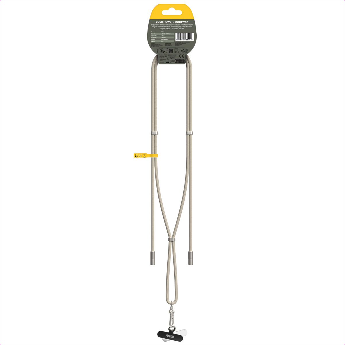 Câble de recharge et de synchronisation Aqiila Lanyard CL2, 60W, type C vers Lightning, sable
