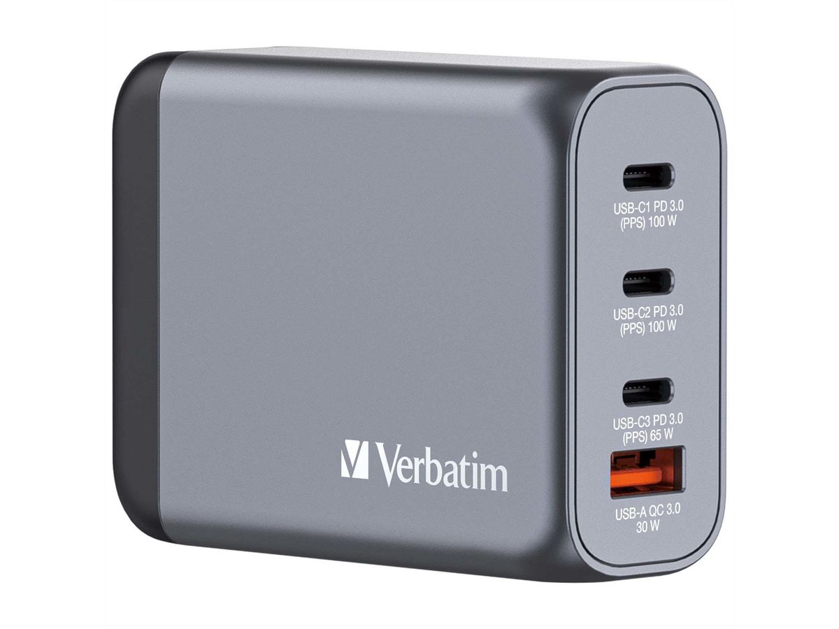 Verbatim GaN 4 Port Charger 100W, 3x USB-C, 1x USB-A, EU+UK Adapter
