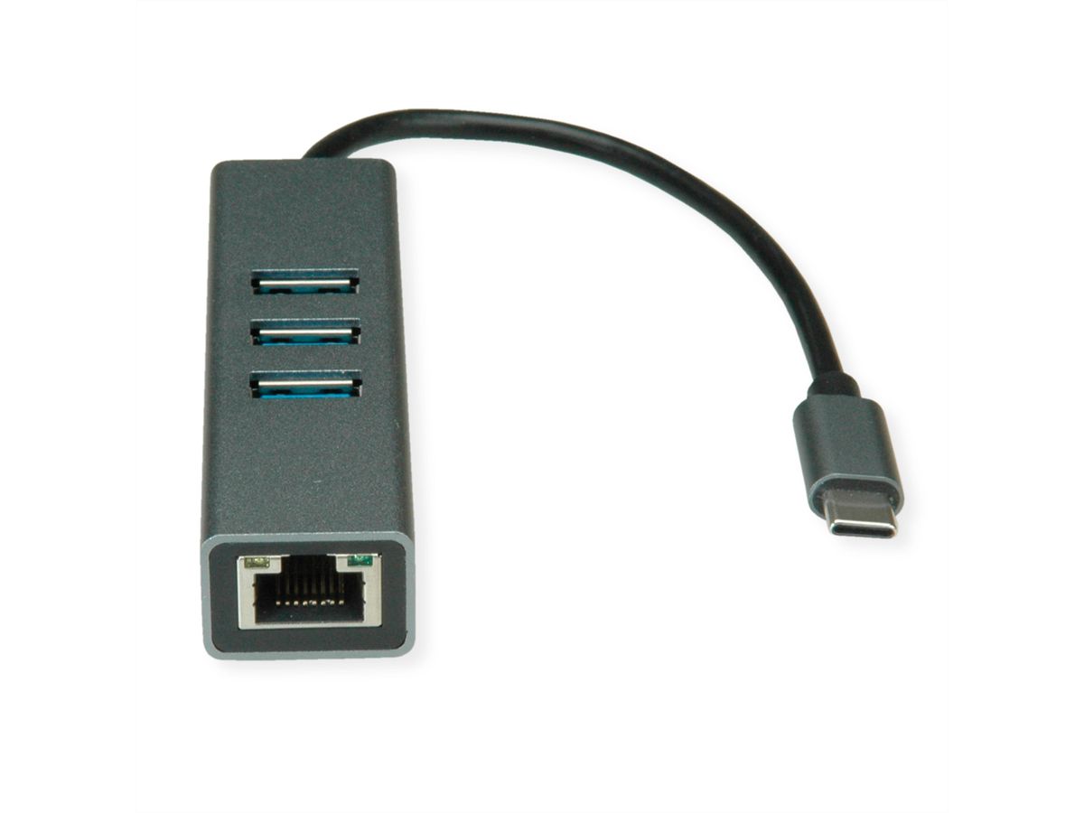 ROLINE Convertisseur USB 3.2 Gen 1 type C - Gigabit Ethernet + Hub 3x
