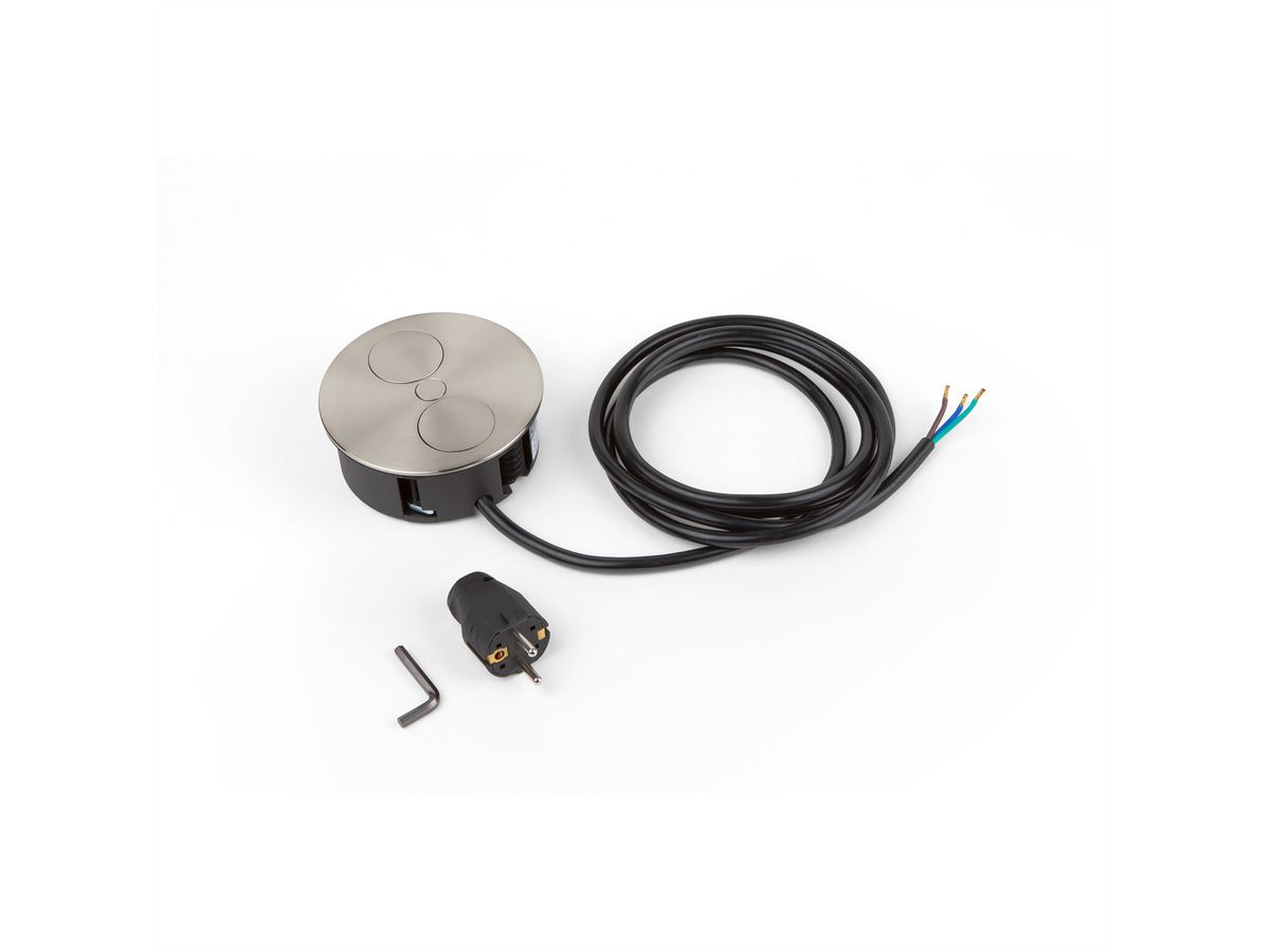 BACHMANN TWIST 2S 2x contact de protection, fiche de montage à contact de protection, Chargeur USB 30W 2,0m GST18, argent, 2 m