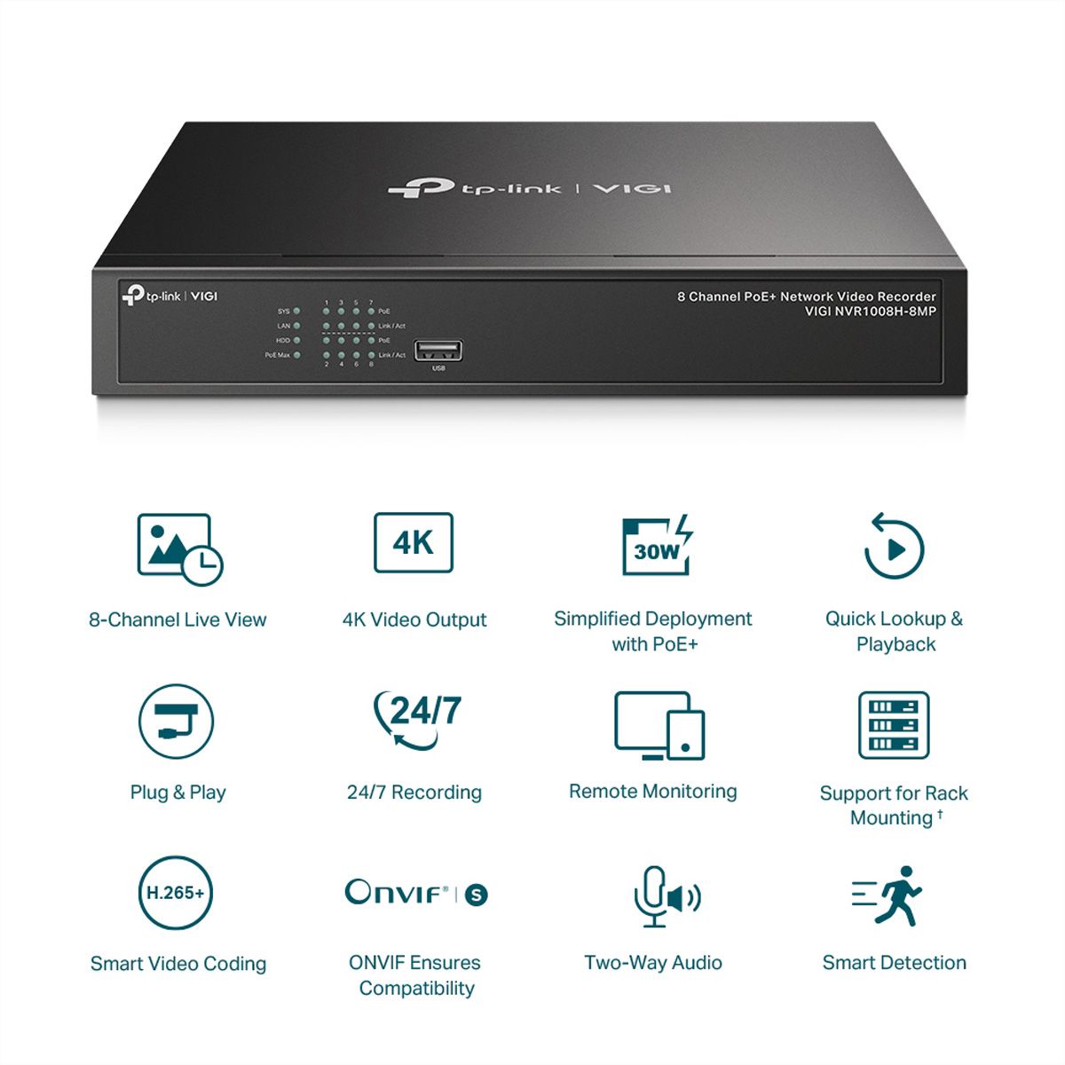 TP-Link NVR1008H-8MP NVR Enregistreur vidéo en réseau 8-CH, 8x PoE
