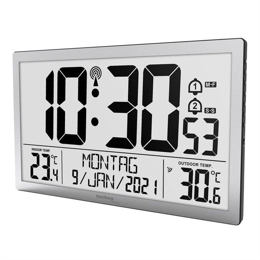 Horloge murale numérique Technoline WS 8113, radio, température intérieure/extérieure, noire, capteur extérieur inclus, argent
