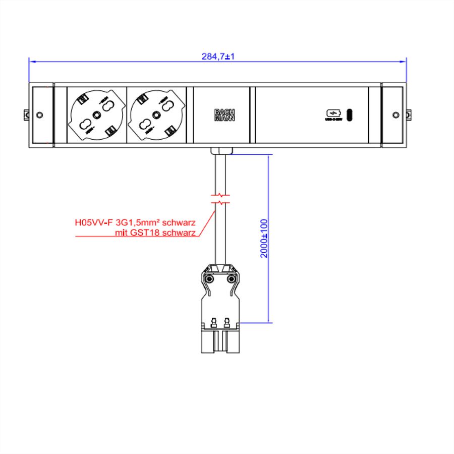 BACHMANN DESK RAIL 2xP40 1xUSB C 60W, ITALIE