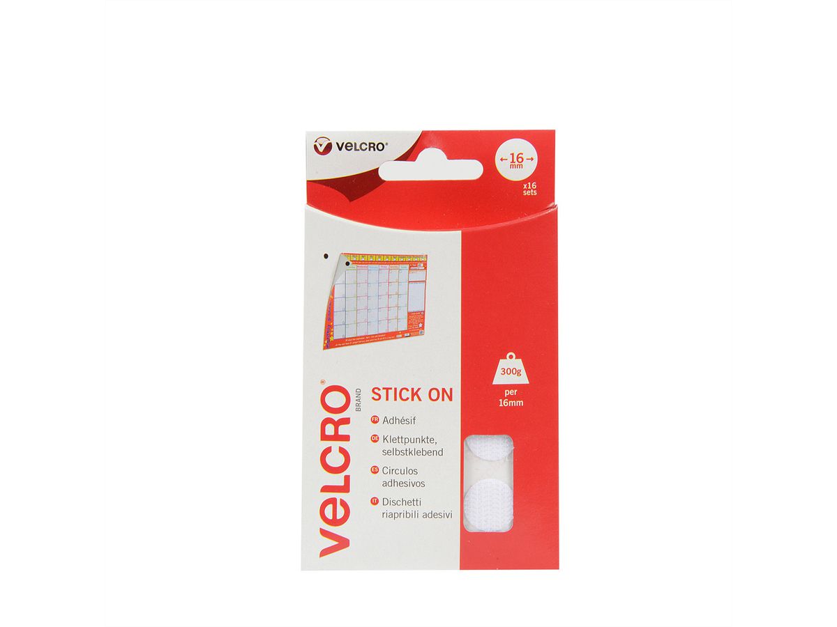 VELCRO® Klettpunkte Selbstklebend, Haken & Flausch 16mm x 16 sets Weiß