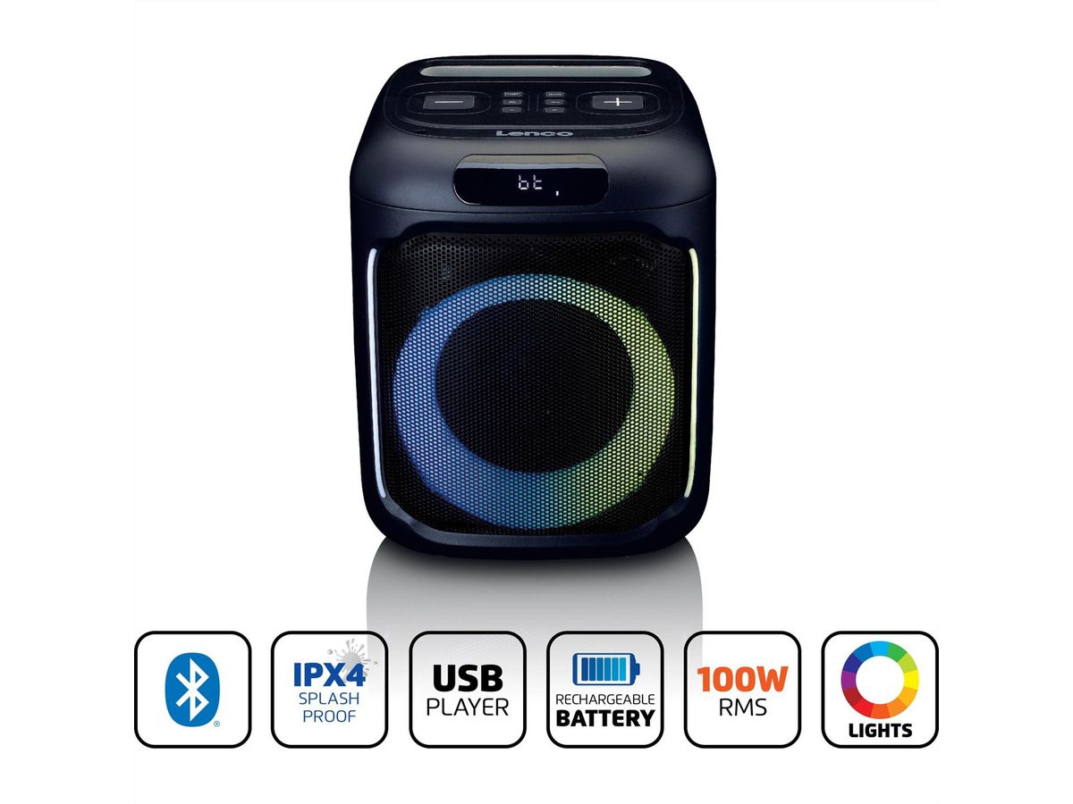 Lenco Lautsprecher PA-101BK, schwarz, 100 W, Beleuchtung, wireless Mikrofon
