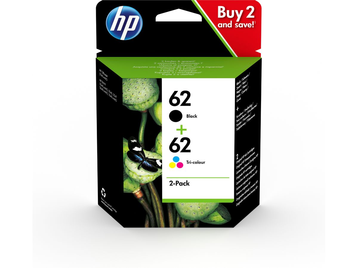 HP 62 pack de 2 cartouches authentiques d'encre noire / trois couleurs