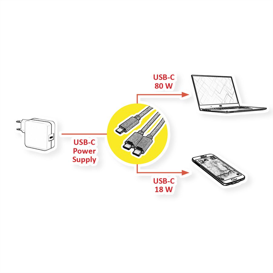 ROLINE Câble de chargement Y - Splitter, USB-C vers 2x USB-C, M/M, max. 100W, noir, 1,85 m