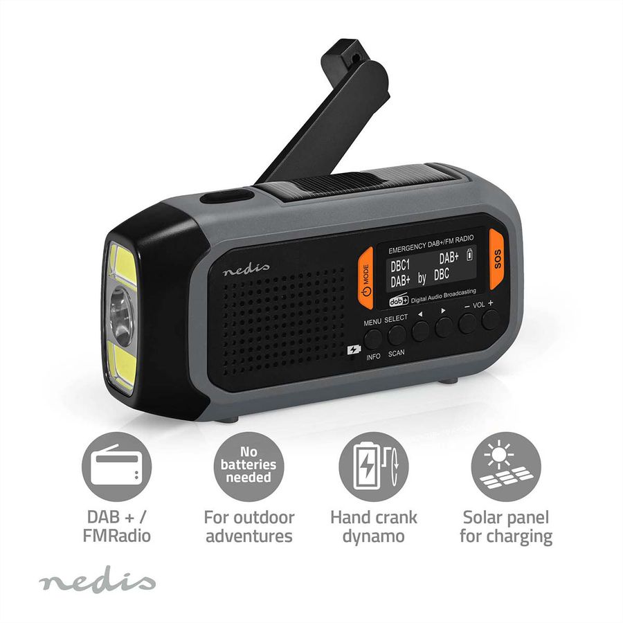 Radio d'urgence Nedis DAB FM avec manivelle, panneau solaire et batterie externe, Radio d'urgence portable pour les situations d'urgence, le camping et les activités de plein air