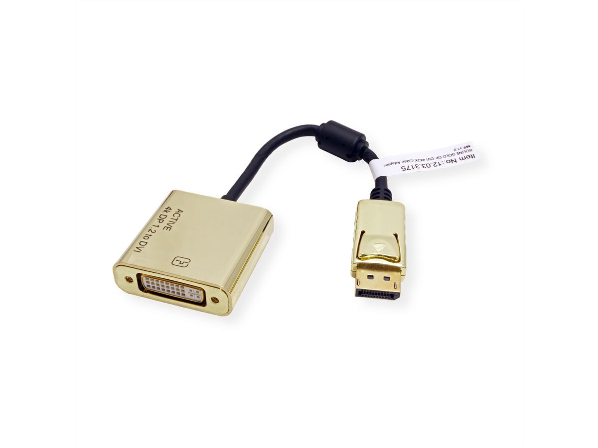 ROLINE GOLD 4K DP-DVI Adapter, Aktiv, v1.2, DP ST - DVI BU, Retail Blister