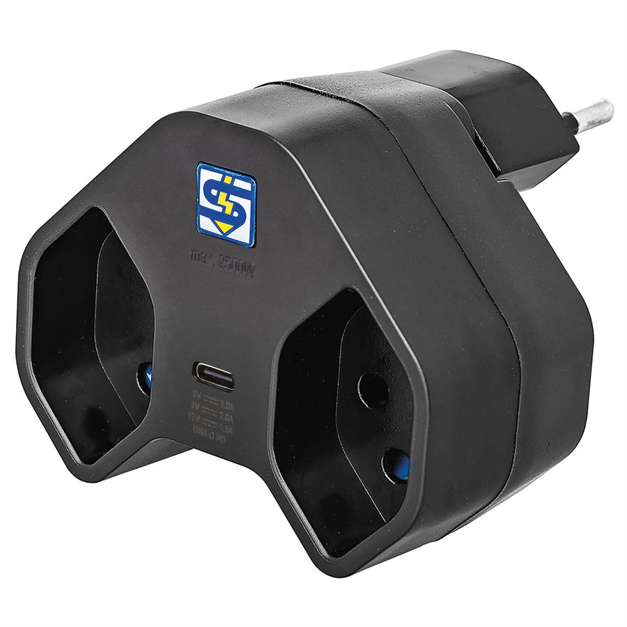 Steffen Mehrfachstecker Manta 2fach, 1xUSB-C, Dreh-Winkelstecker, schwarz