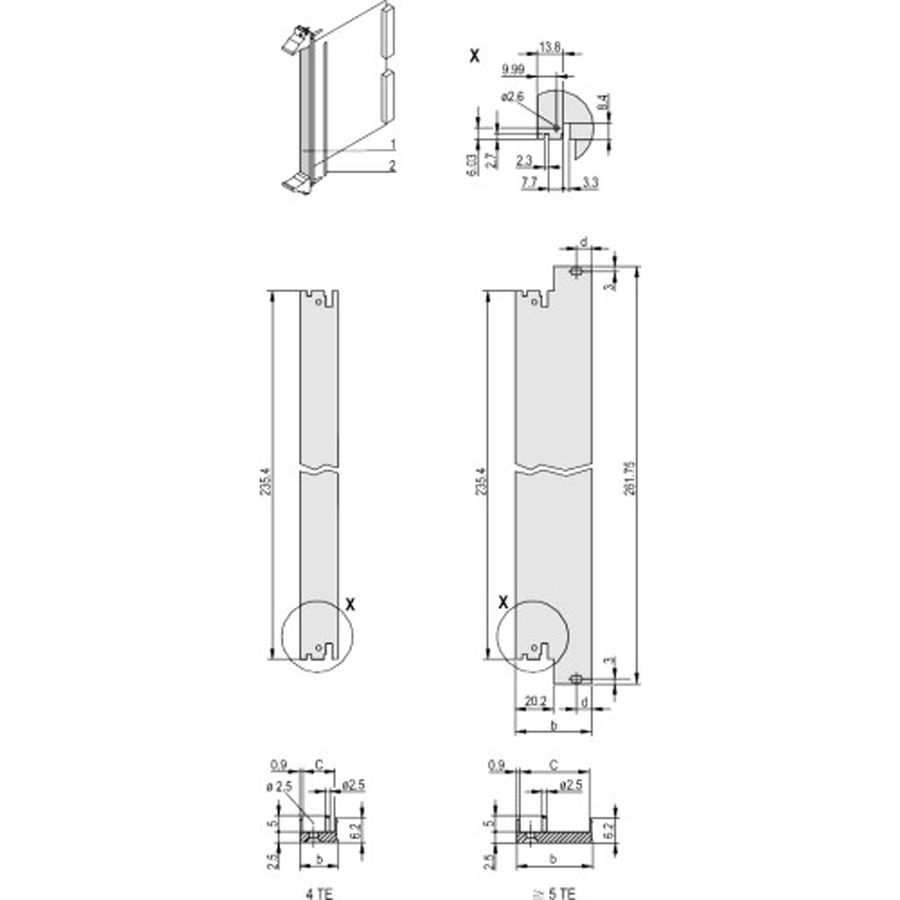 SCHROFF Plug-In Unit U-Profile Face avant pour IEL, IET, Type 2 Poignée, 6 U, 10 HP, 2,5 mm, Al, Anodisé frontal, Conducteur arrière
