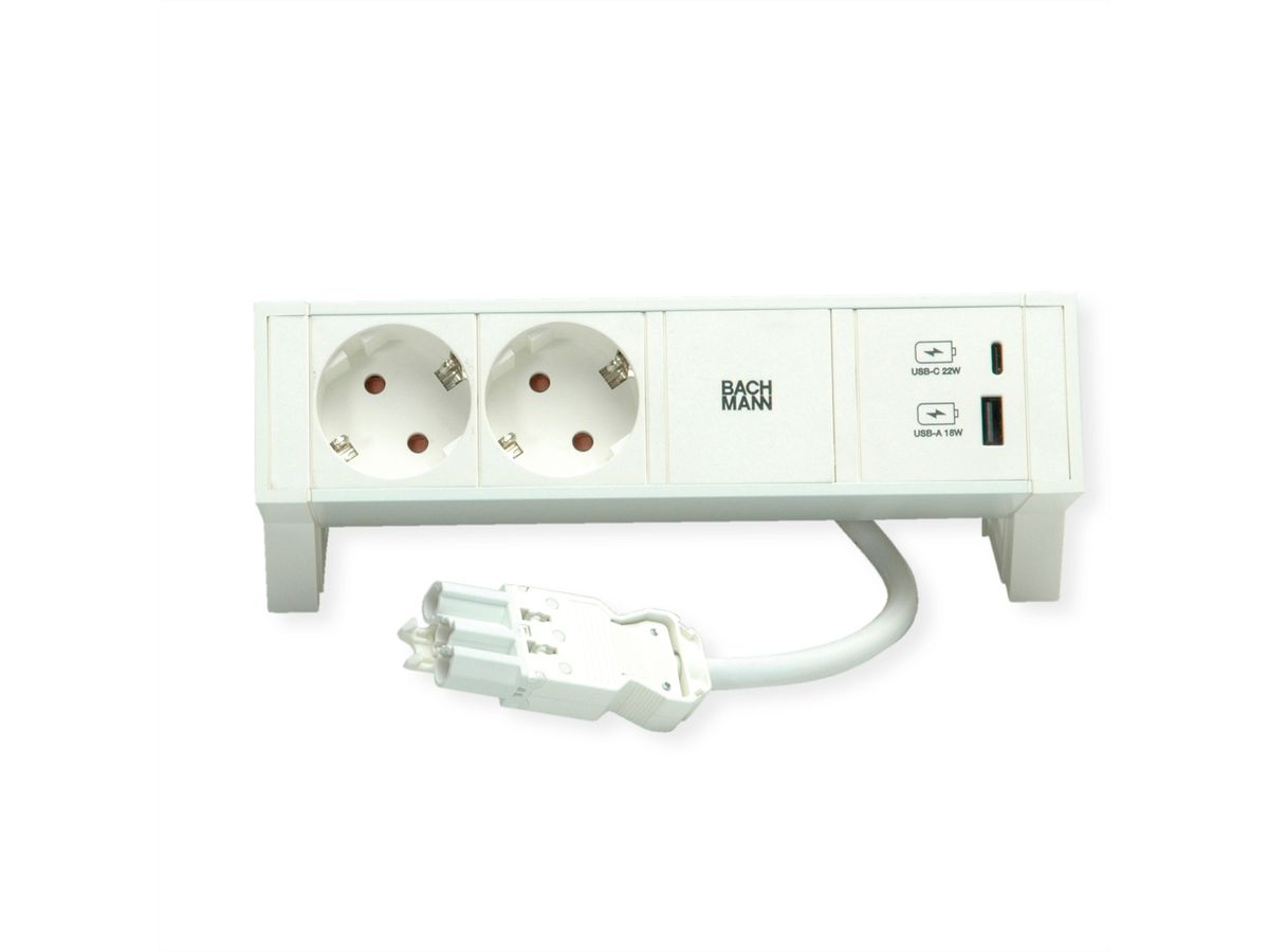 BACHMANN DESK2 ALU WHITE 2x Schutzkontakt, USB Charger 22W A&C, 0,2m GST18
