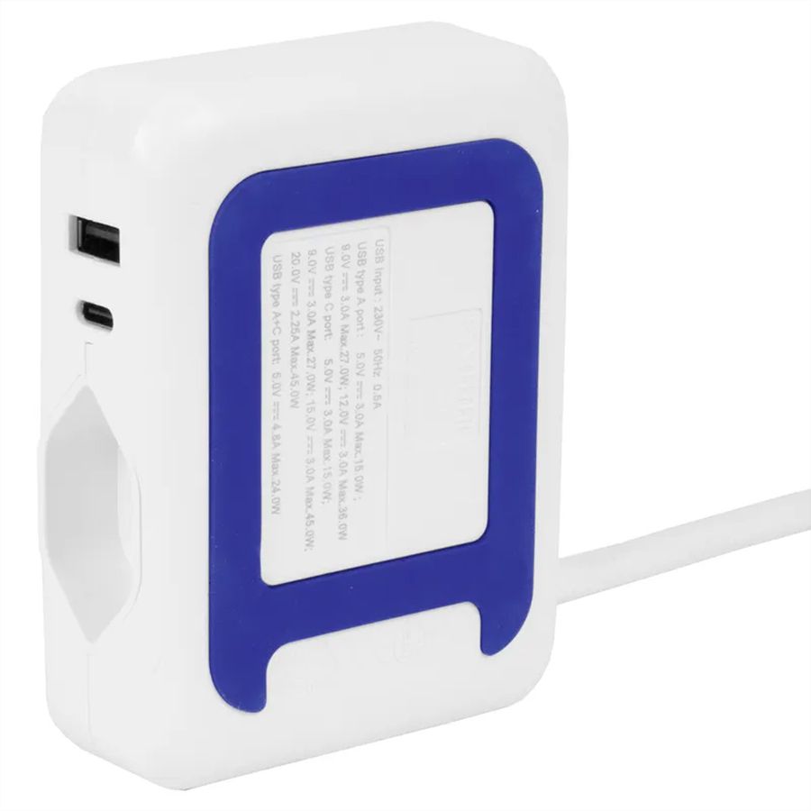 Steffen station de charge IQ simple, 1xT13 + 1xUSB-A 36W + 1xUSB-C PD 45W, blanc, 1.5m