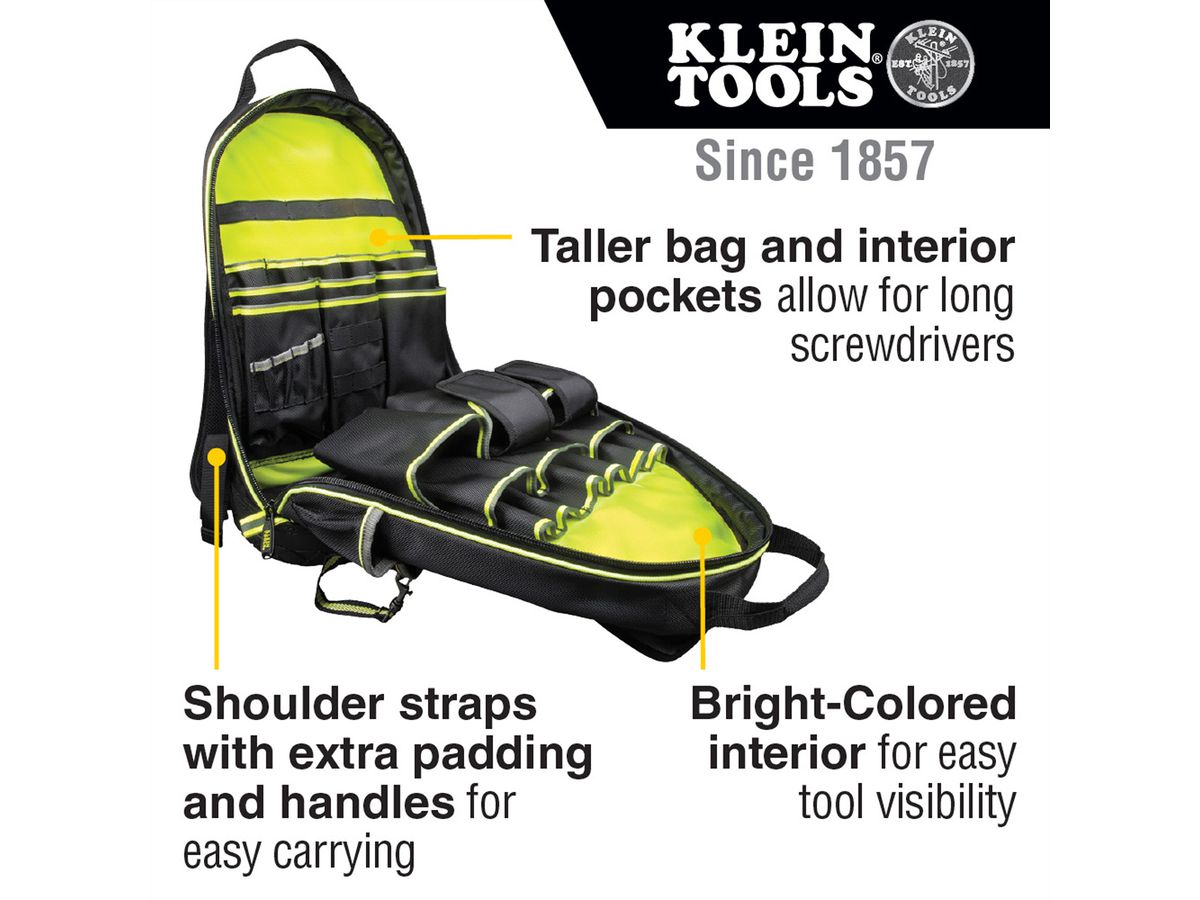 KLEIN TOOLS 55597 Tradesman Pro Rucksack, Neongelb/Schwarz mit Reflexstreifen