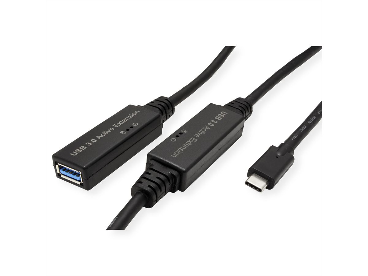 ROLINE Câble prolongateur USB 3.2 Gen 1 actif, Type A - C, noir, 10 m