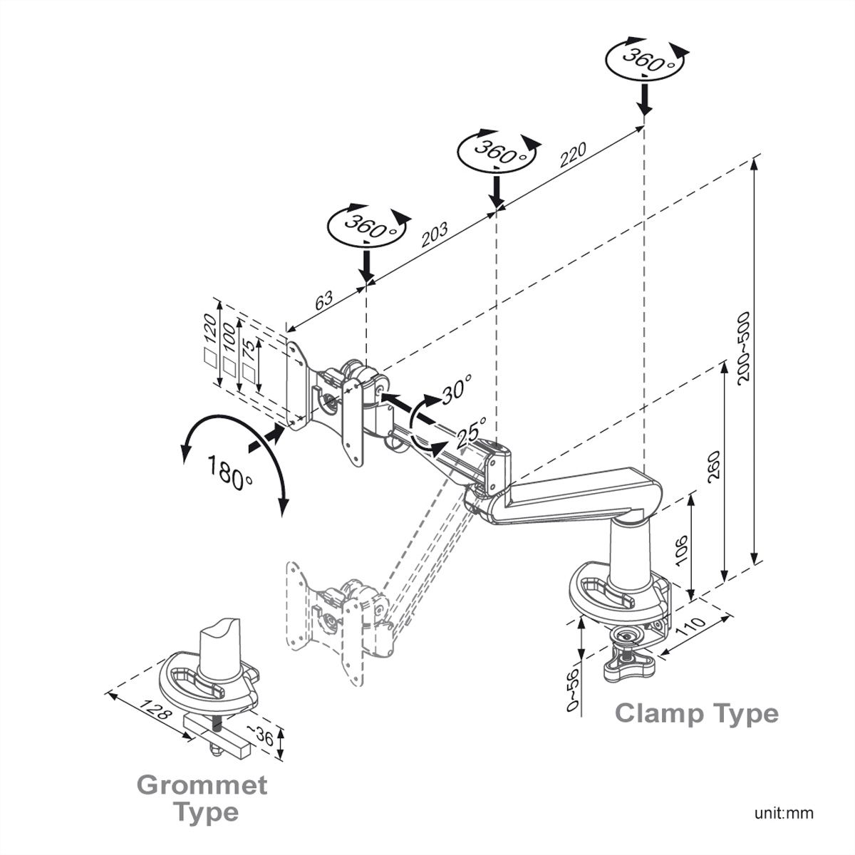 ROLINE Support LCD à gaz, fonction pivot, 5 axes de rotation