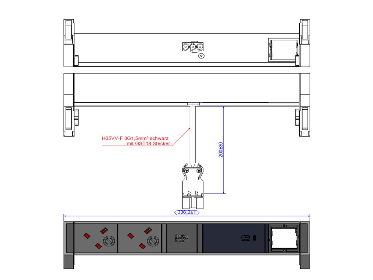 BACHMANN DESK2 ALU BLACK 2xUK 1xCM, 1xUSBC 60W 0,2m GST18 United Kingdom