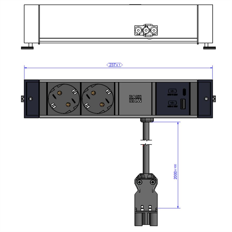BACHMANN DESK RAIL 2xSchutzkt.USB A&C, USB Charger 22W 2,0m GST18