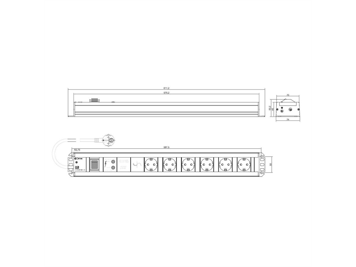 BACHMANN Multiprise 6x contact de protection, protection totale des appareils, interrupteur, 2 m