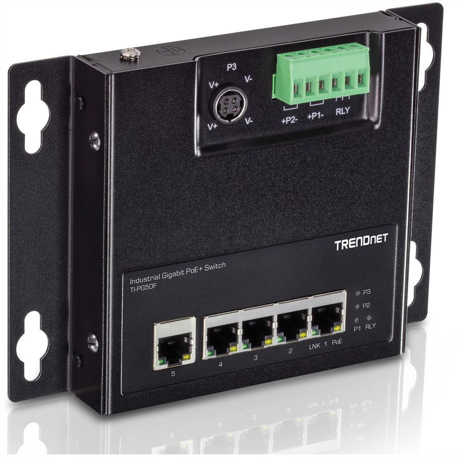 TRENDnet TI-PG50F 5-Port Industrial PoE+ Gigabit Front Access Switch, wandmontierbar