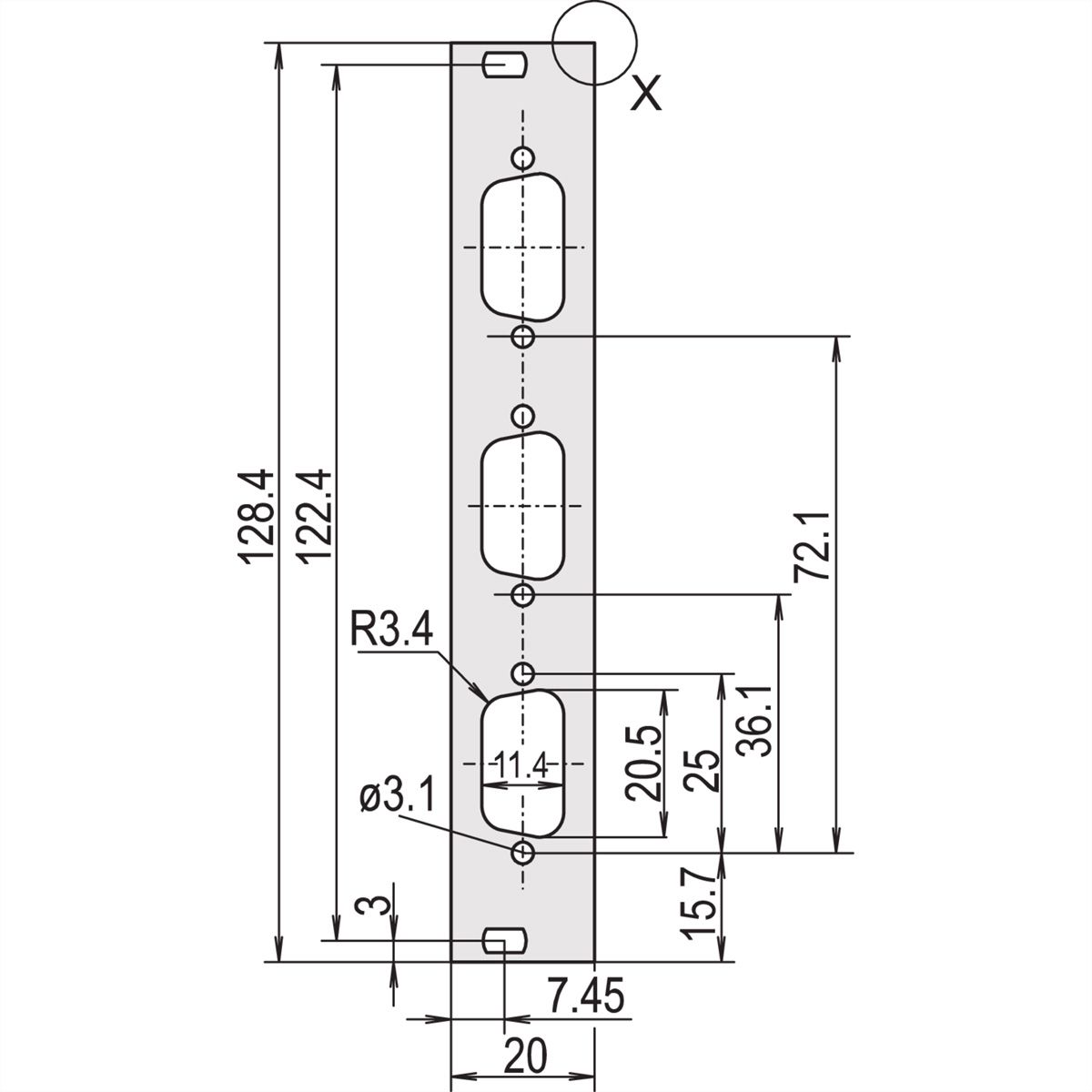 SCHROFF Face avant, plate, non blindée, découpe Sub-D, 3 U, 4 HP, 3 x 9 broches, 2,5 mm, alu, anodisé avant, conducteur arrière