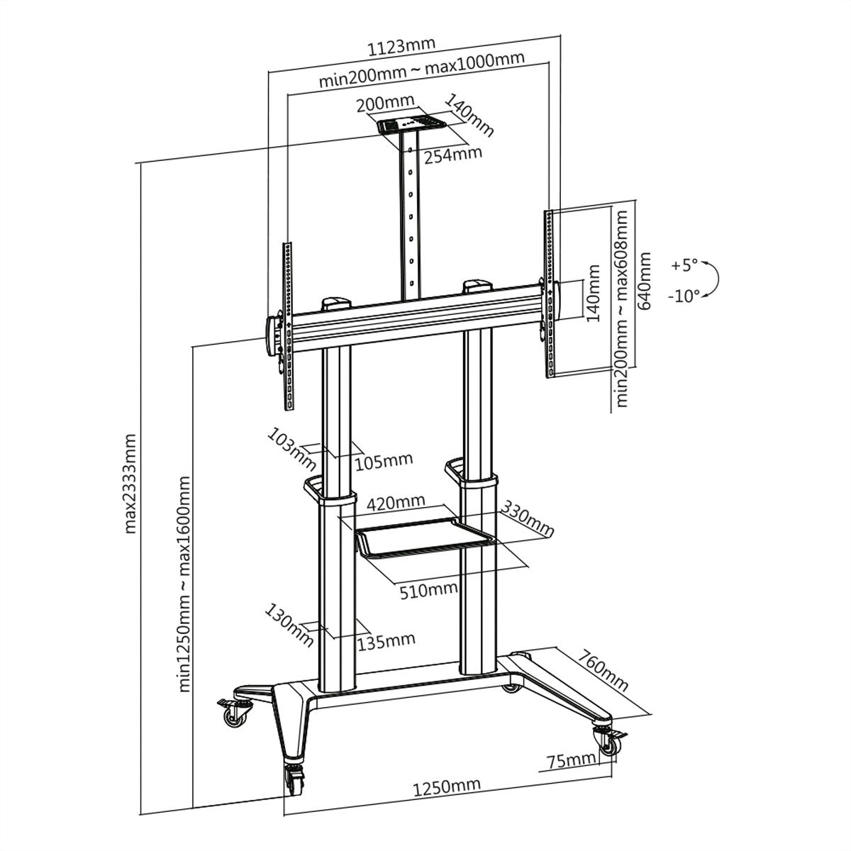 ROLINE Support LCD/TV sur roues, 70–120 pouces, jusqu'à 140 kg, noir