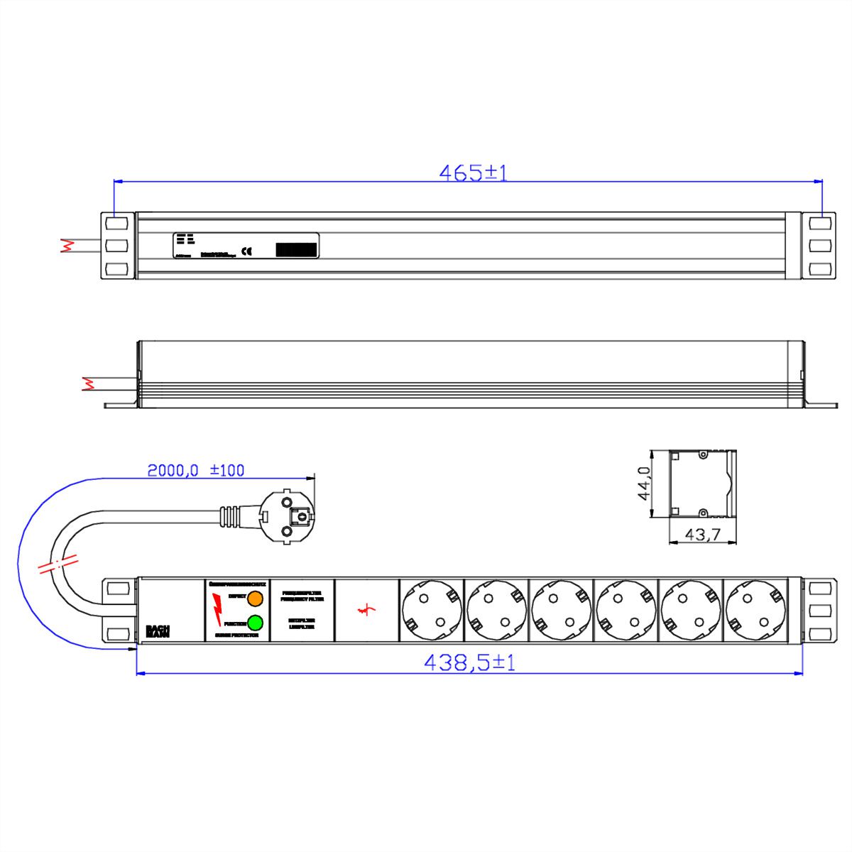 BACHMANN Bâti de prises 19" 6x avec GVS sans interrupteur