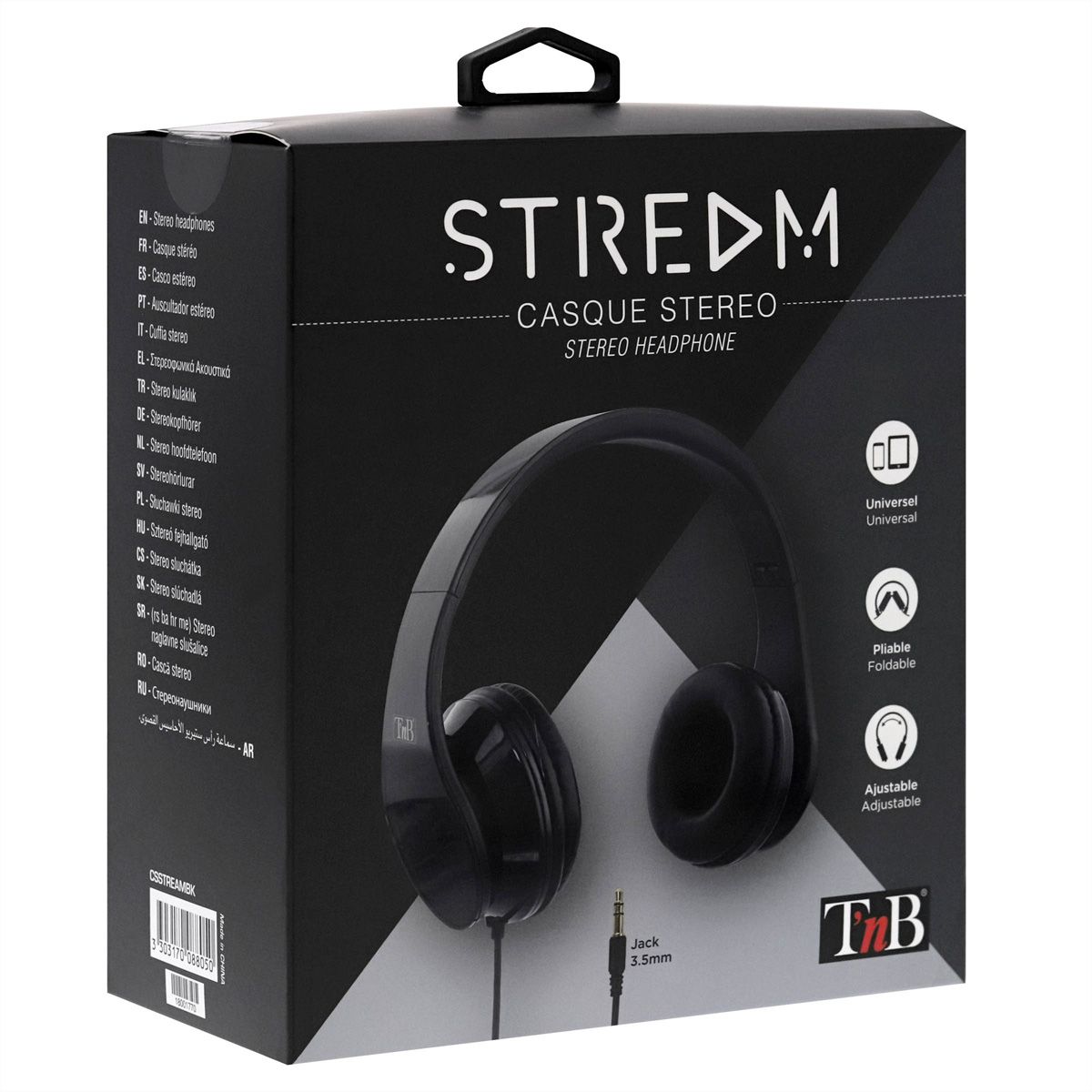 T'nB STREAM Kopfhörer, mit Kabel, schwarz, faltbar, 20-20000 HZ, 3.5mm Jack