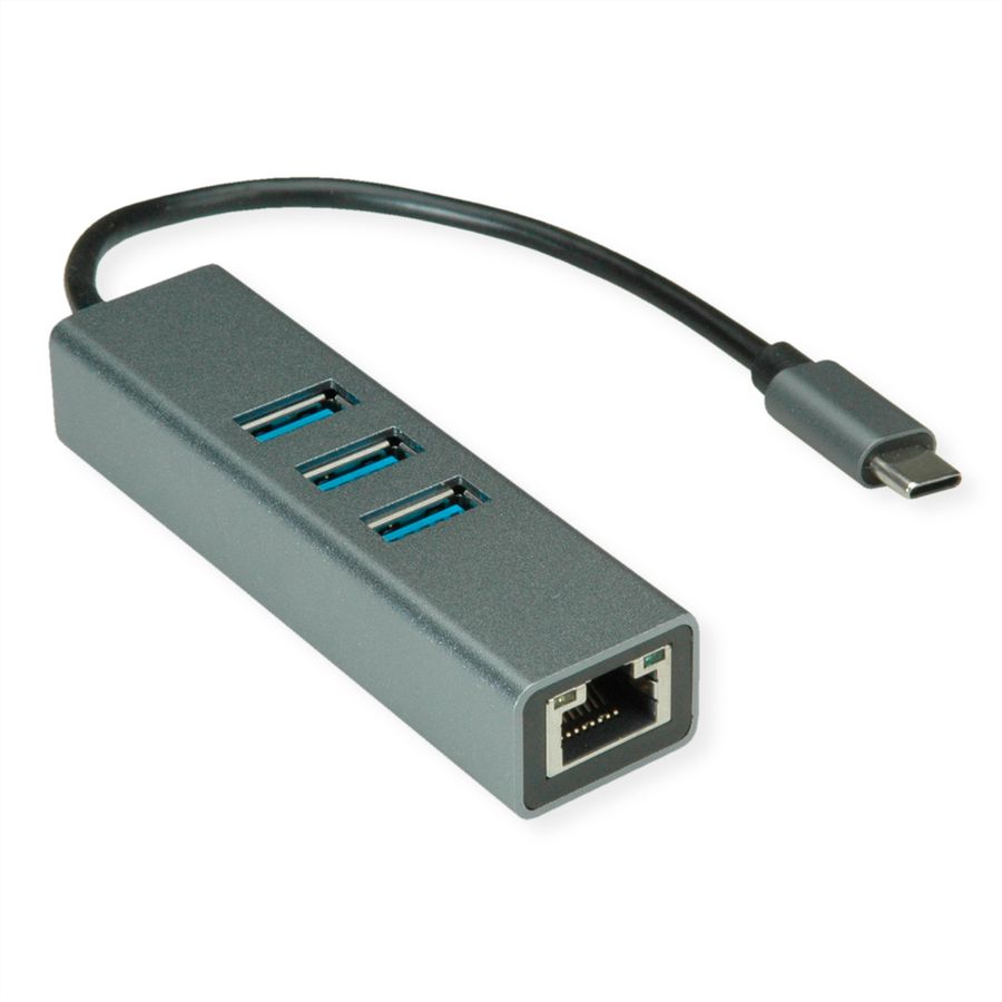 ROLINE Convertisseur USB 3.2 Gen 1 type C - Gigabit Ethernet + Hub 3x